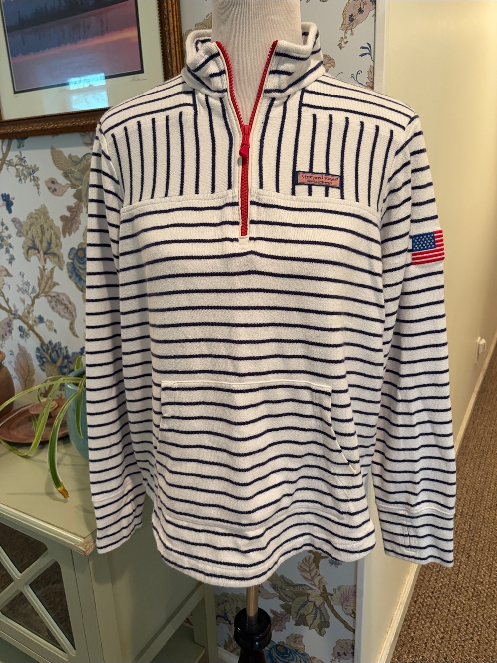 Vineyard Vines American Striped Shep Shirt Quarter-Zip with Red Trim